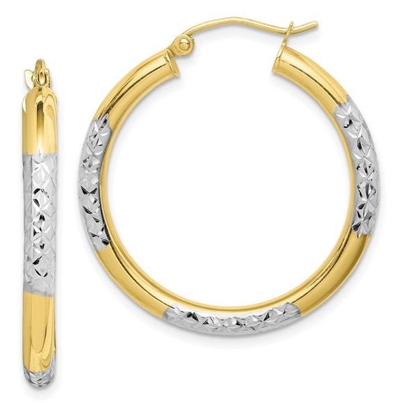 10K & Rhodium Diamond Cut 3mm Hoop Earrings,All Products : American Fashion Style Bags On Sale